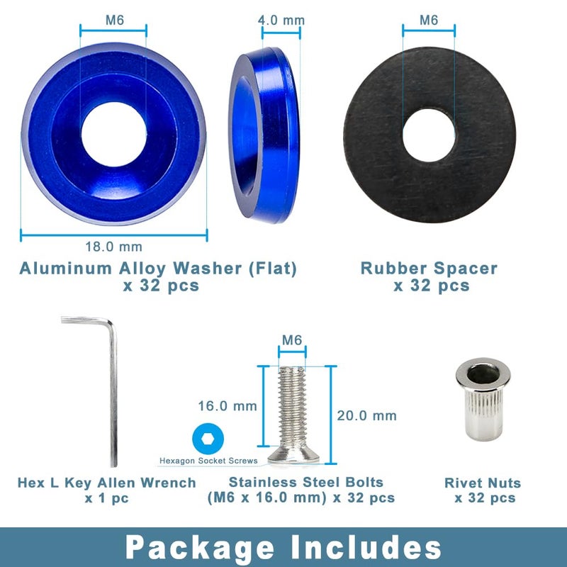 Rolling Gears M6 Blue Flat Anodized Aluminum Washer Bolt Kit, 32-Piece Hardware Kit for Widebody, Fender Flares, Bumpers, Mud Flaps and Engine Bay Dress-Up - Image 3